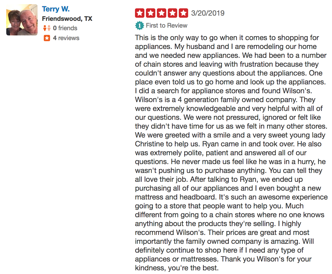 yelp review for wilson's appliances and mattresses in conroe, tx, montgomery county