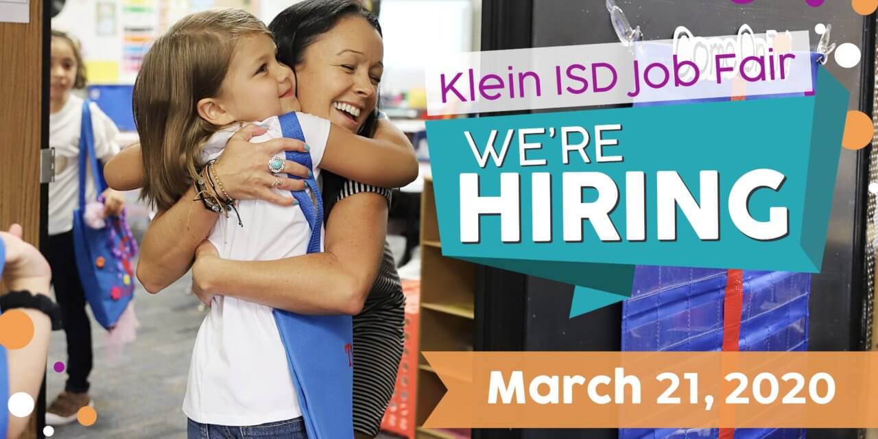 klein isd is hiring job poster. little girl hugging teacher.