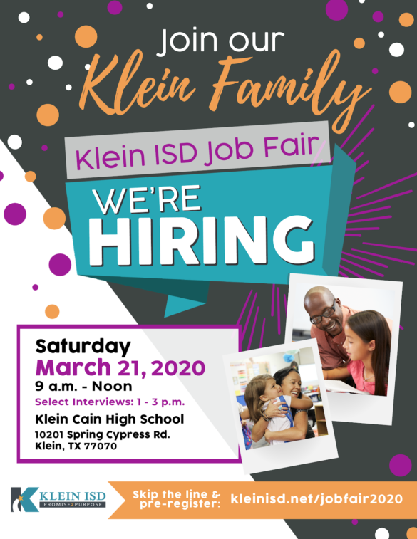 Klein ISD is Hiring Job Fair Saturday, March 21st, 2020 Klein
